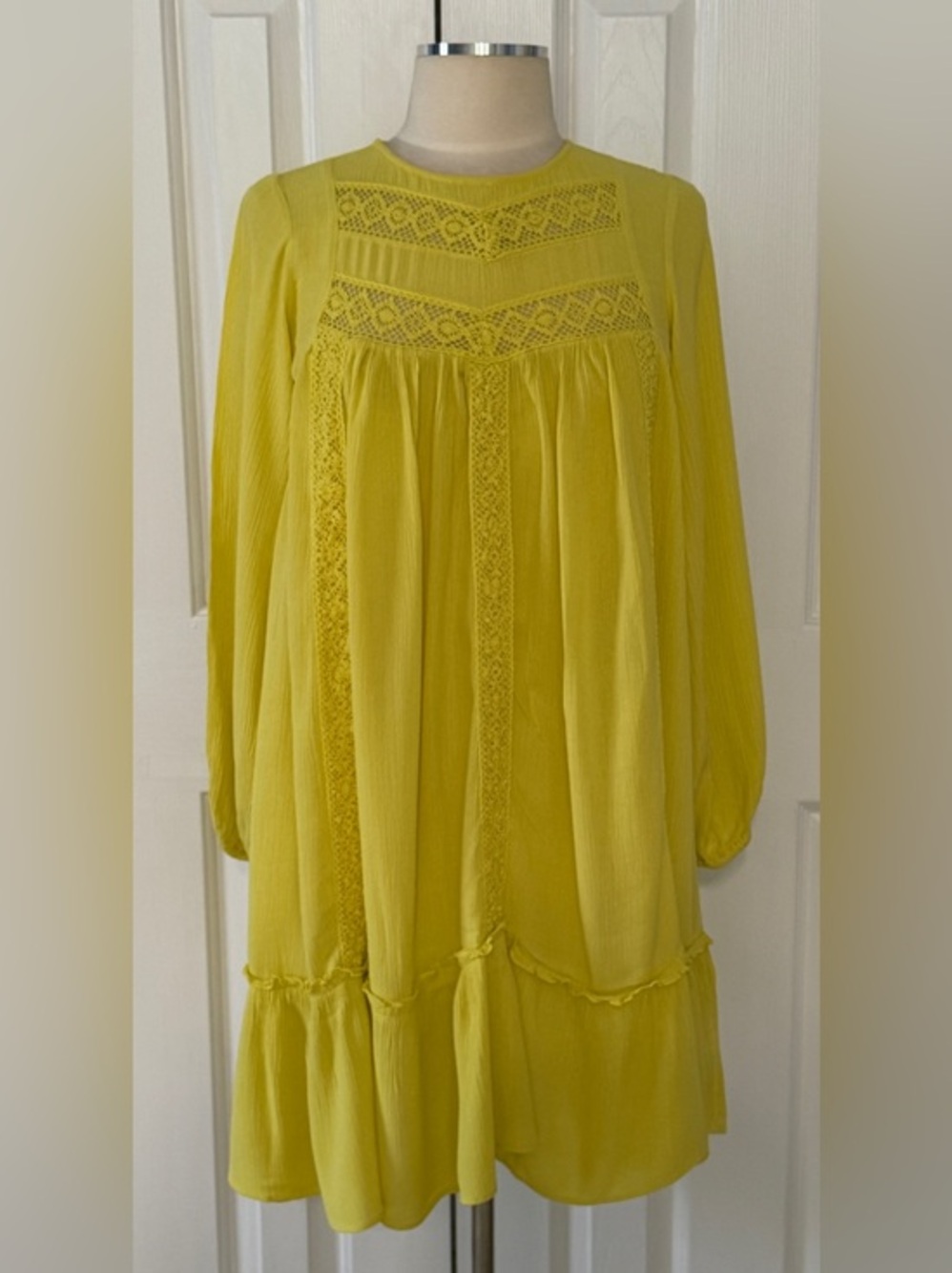 Electric Yellow Lace Trim Boho Babydoll Dress by Scoop Small